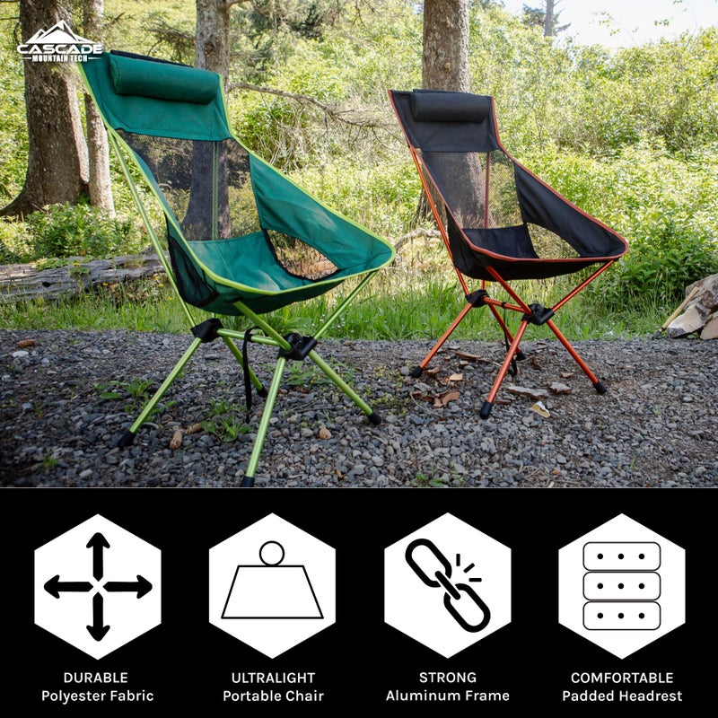 Cascade Mountain Tech Outdoor High Back Lightweight Camp Chair with Headrest and Carry Case - Black - Image 2